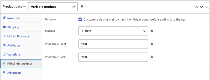 The product's PrintBlob designer tab with Designer, Mockup, Print price: Front and Print price: Back.