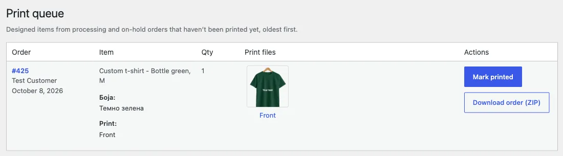 WooCommerce › Print queue in PrintBlob Pro: a designed order item with its print file, a Mark printed button and Download order (ZIP).